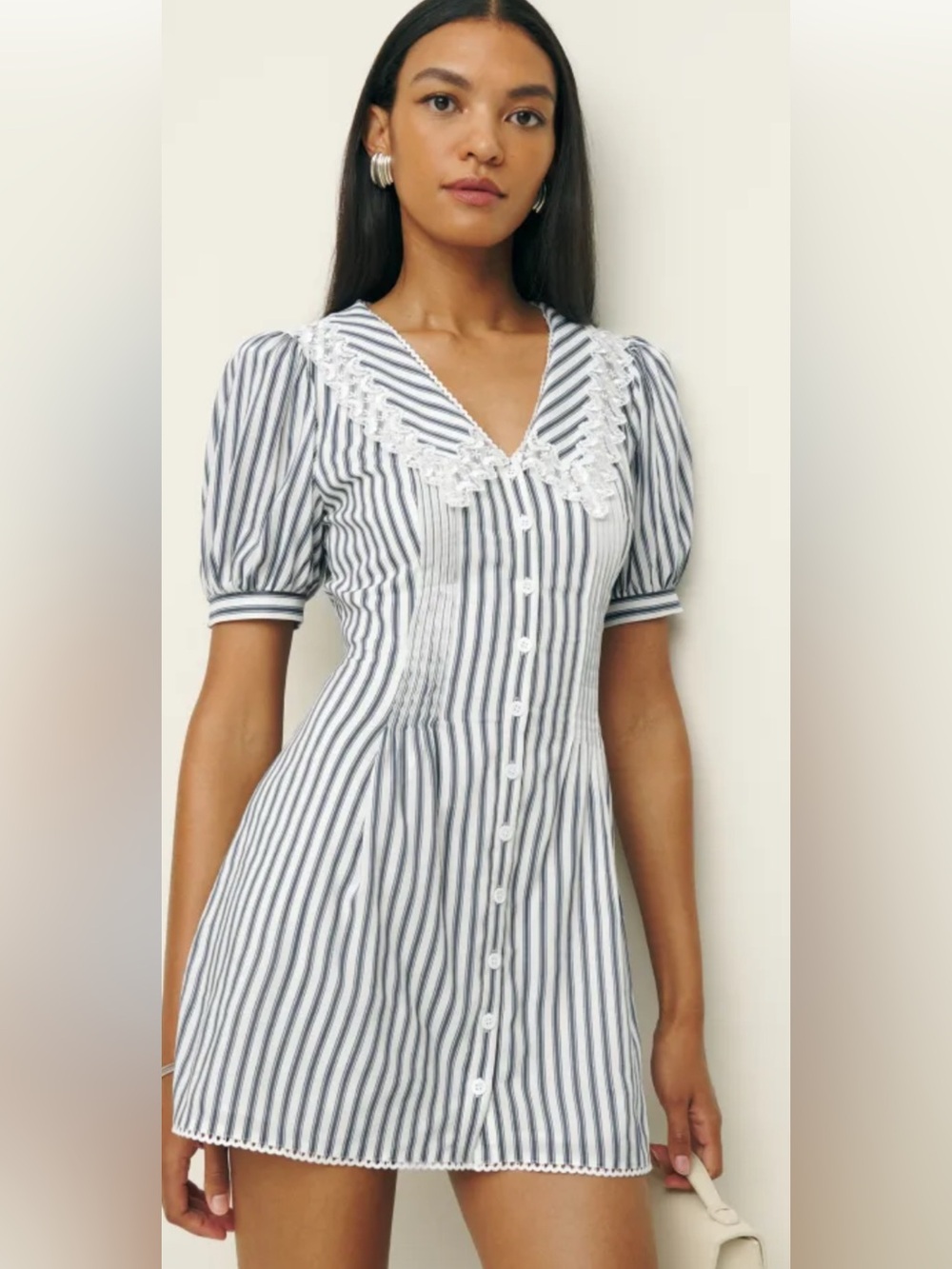 Reformation Nonie Mini Dress White W/Black Stripes Lace Collar Short Sleeves 6 👍